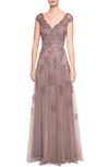 La Femme Embellished Floral Lace Cap-sleeve Tulle A-line Gown In Cocoa