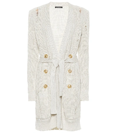 Balmain Destroyed Long-line Belted Cardigan In White Gold