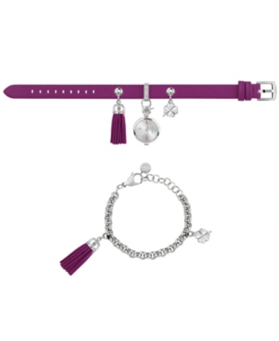 Furla Women's Stacy White Dial Stainless Steel Chain Calfskin Leather Watch Set In Purple