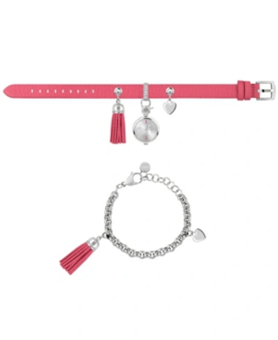 Furla Women's Stacy White Dial Stainless Steel Chain Calfskin Leather Watch Set In Fuchsia