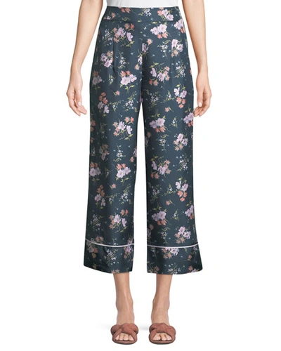 Rebecca Taylor Emilia Floral-print Wide-leg Pants In Teal Combo