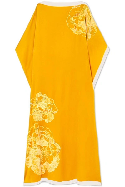 Carine Gilson Chantilly Lace-trimmed Embroidered Silk-georgette Kaftan In Mustard