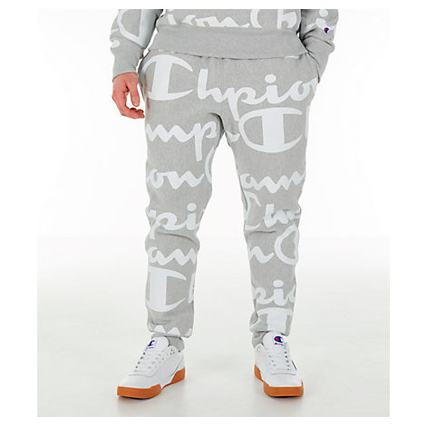Champion Men's Reverse Weave Allover Print Large Script Jogger Pants, Grey | ModeSens