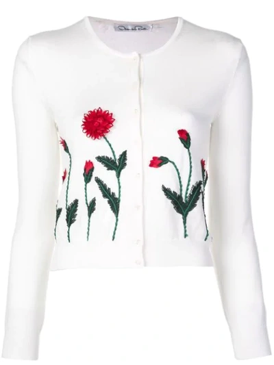 Oscar De La Renta Poppy-embroidered Cropped Cardigan In White