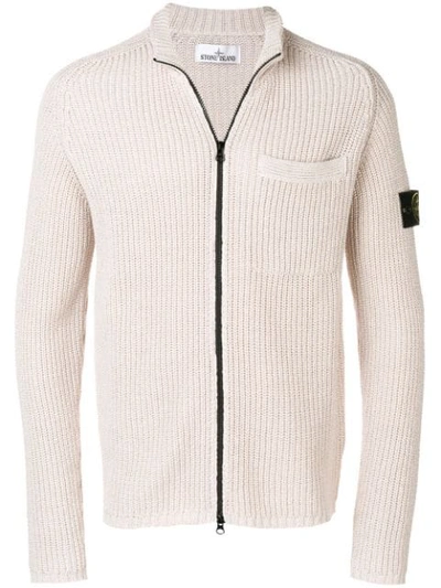 Stone Island Ribbed Knit Cardigan In Neutrals