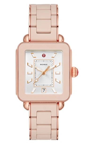 Michele Deco Sport Rose Gold-tone Desert Rose-wrapped Silicone Watch, 34mm X 36mm In Pink/ Silver Sunray/ Pink Gold