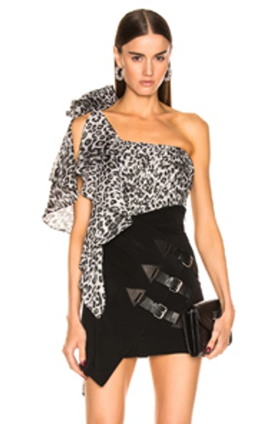 Redemption One Shoulder Leo Ruched Top In Grey Leopard Print