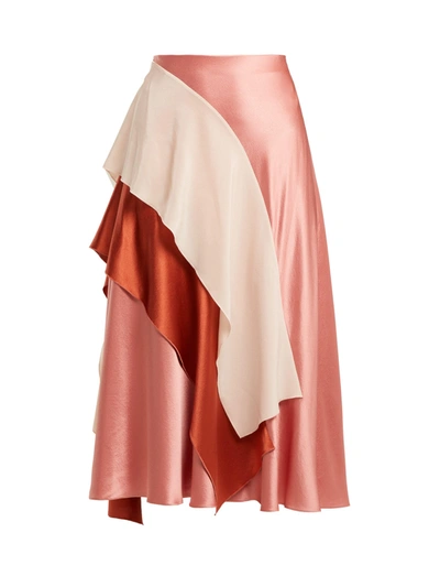 Roksanda Mahira Draped Color-block Silk-satin Midi Skirt In Rose/powder Pink/brick