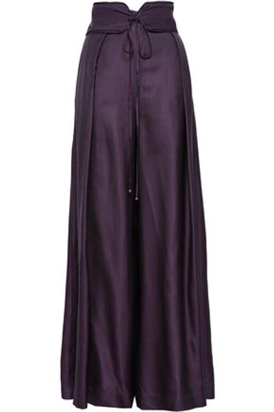 Zimmermann Belted Striped Twill Wide-leg Pants In Navy