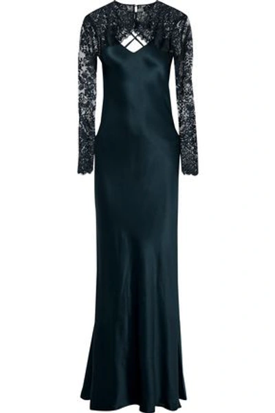 Michelle Mason Woman Layered Lace And Silk-charmeuse Gown Storm Blue