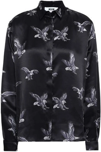 Msgm Woman Printed Silk Satin Shirt Black