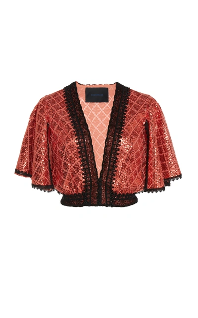 Costarellos Cropped Lace-trimmed Sequined Top In Orange