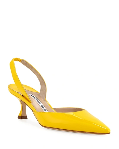 Manolo Blahnik Carolyne Low-heel Patent Halter Pumps In Yellow