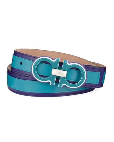 Ferragamo Men's Striped Calfskin Belt In Purple