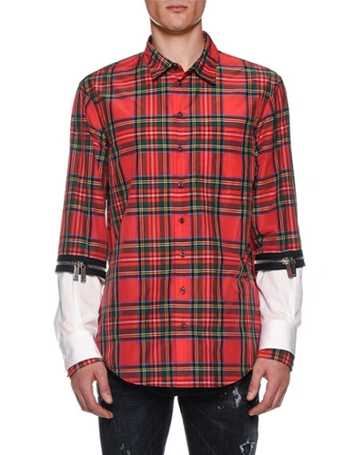 Dsquared2 Men's Tartan Zip-cuff Sport Shirt In Red