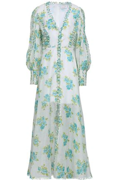 Zimmermann Woman Button-embellished Floral-print Linen And Silk-blend Maxi Dress White