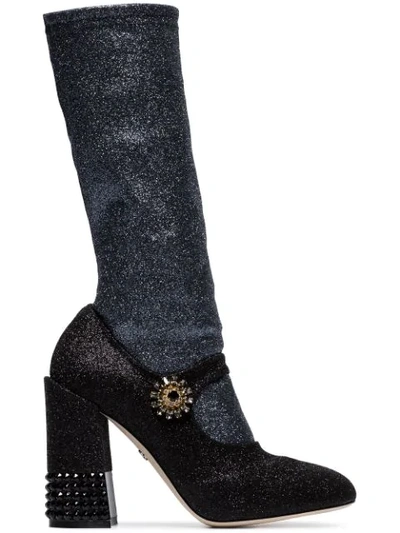 Dolce & Gabbana Black 105 Glitter Sock Insert Leather Boots