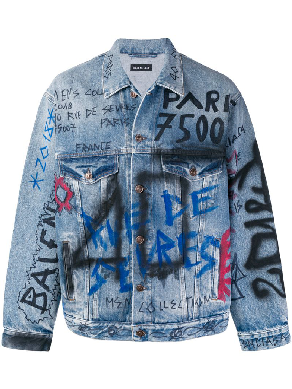 Balenciaga Oversized Graffiti Denim Jacket In Blue | ModeSens