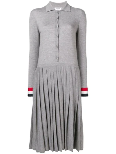 Thom Browne Grosgrain Cuff Pleated Polo Dress In Grey