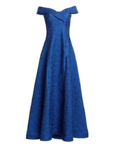 Teri Jon By Rickie Freeman Off-the-shoulder Jacquard Ball Gown In Royal Blue