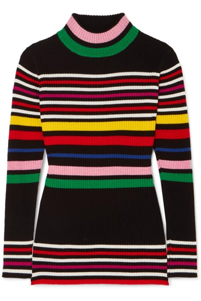 Paper London Striped Ribbed Wool Turtleneck Sweater In Black
