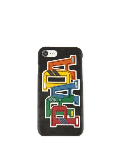 Prada Saffiano Logo Patch Iphone 7 Case In Black