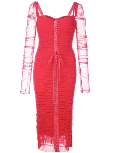 Dolce & Gabbana Lace-up Silk-trimmed Ruched Tulle Midi Dress In Red