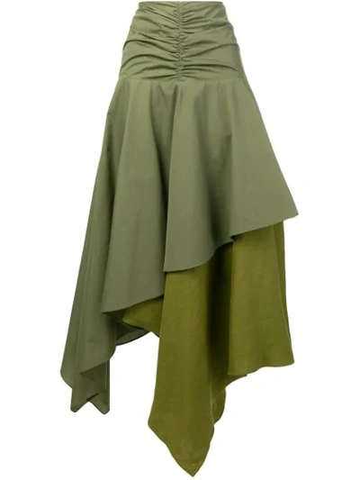 Loewe Asymmetric Ruffled Poplin And Linen Skirt In Green