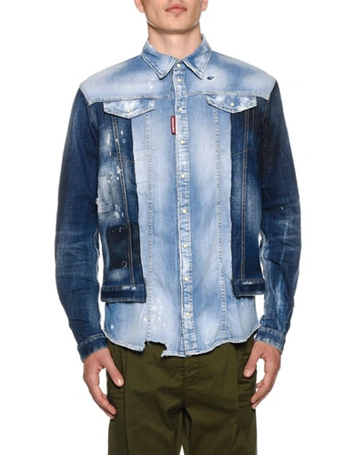 Dsquared2 Men's Mixed-wash Denim Shirt W/ Jean Jacket Combo In Blue
