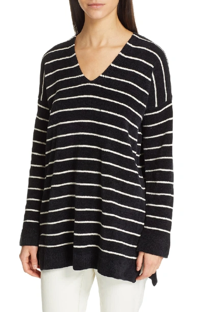 Eileen Fisher Petite Chenille Striped Tunic Sweater In Black Soft