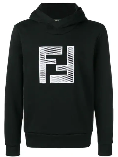 Fendi Mesh-logo Print Hooded Cotton Sweatshirt In Black