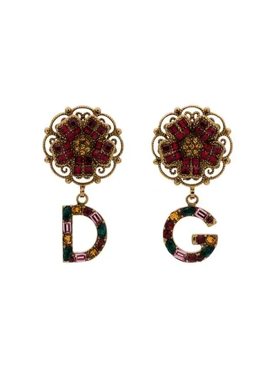 Dolce & Gabbana Multicoloured Branded Charm Flower Drop Earrings In Gold