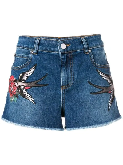 Red Valentino Swallow Patch Denim Shorts In Blue