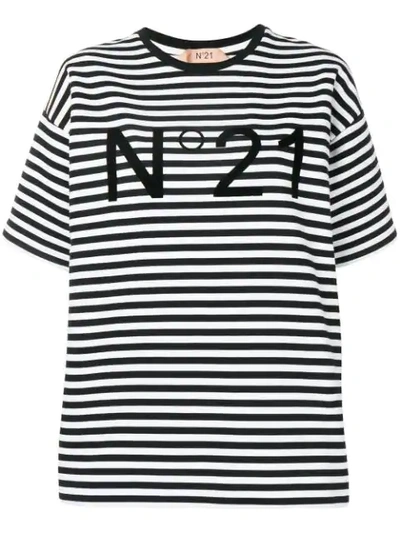 N°21 Striped Logo Print T-shirt In Black ,white