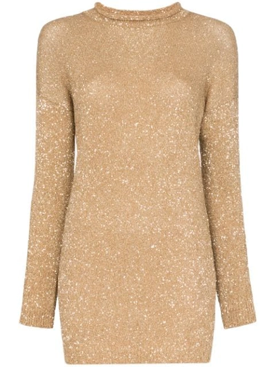 Saint Laurent Glitter Embellished Mini Jumper Dress In Gold