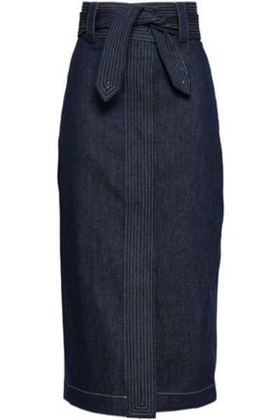 Paper London Woman Emily Belted Denim Midi Skirt Dark Denim