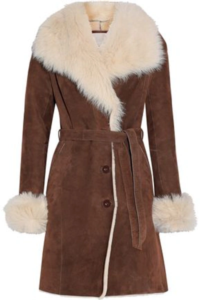 Soia & Kyo Woman Belted Suede Shearling Coat Brown