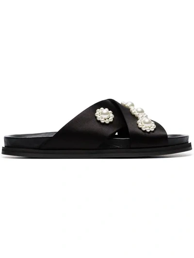 Simone Rocha Black Beaded Flower Embellished Satin And Leather Slides In Black Pearl