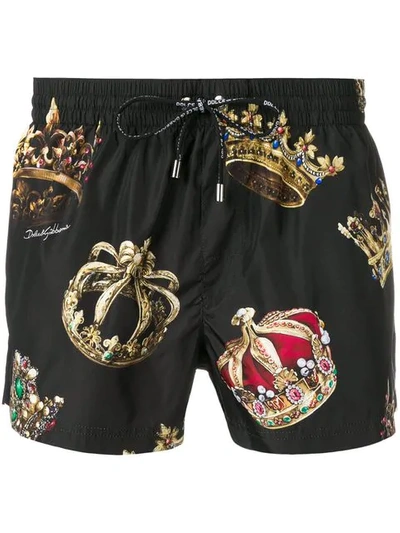 Dolce & Gabbana Short Printed Swimming Trunks With Pouch In Black