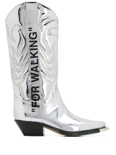 Off-white "for Walking" Metallic Cowboy Boots In Silver