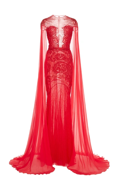 Zuhair Murad Embroidered Tulle Cape Sleeve Gown In Red