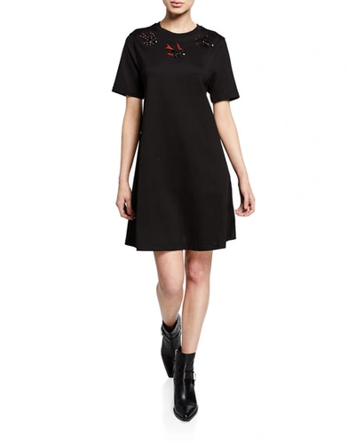 Mcq By Alexander Mcqueen Embellished Swallow Short-sleeve Cotton Babydoll Dress In Black