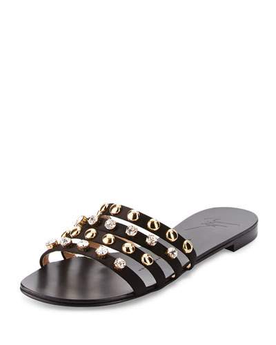 Giuseppe Zanotti Studded Satin Multi-strap Flat Slide Sandal, Black In ...