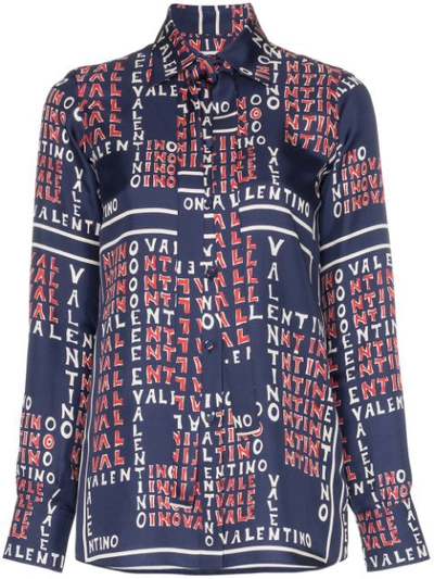 Valentino Pussy-bow Printed Silk-twill Shirt In Blue