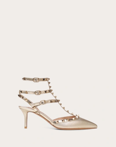 Valentino Garavani Rockstud Metallic Grainy Calfskin Leather Ankle Strap Pump 66 Mm In Platinum