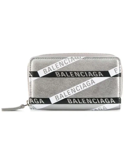 Balenciaga Men's Everyday Logo Leather Card Coin Pouch In Silver