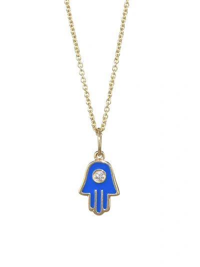 Sydney Evan 14k Yellow Gold Diamond & Enamel Hamsa Necklace In Blue