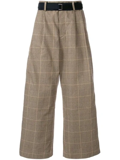 Sacai Wide Leg Check Trousers In Brown