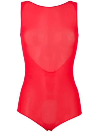 Maison Margiela Sleeveless Mesh Scoop Back Bodysuit In Red
