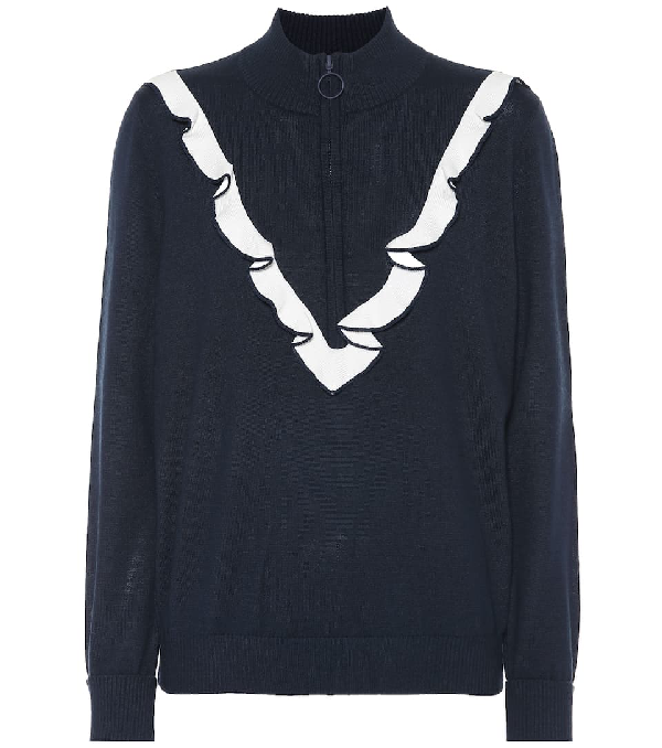 Tory Sport Performance Cashmere Ruffle Sweater In Blue | ModeSens